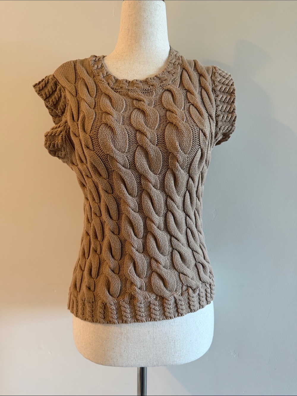 Elie Tahari Brown Cable Knit Cap-Sleeve Sweater